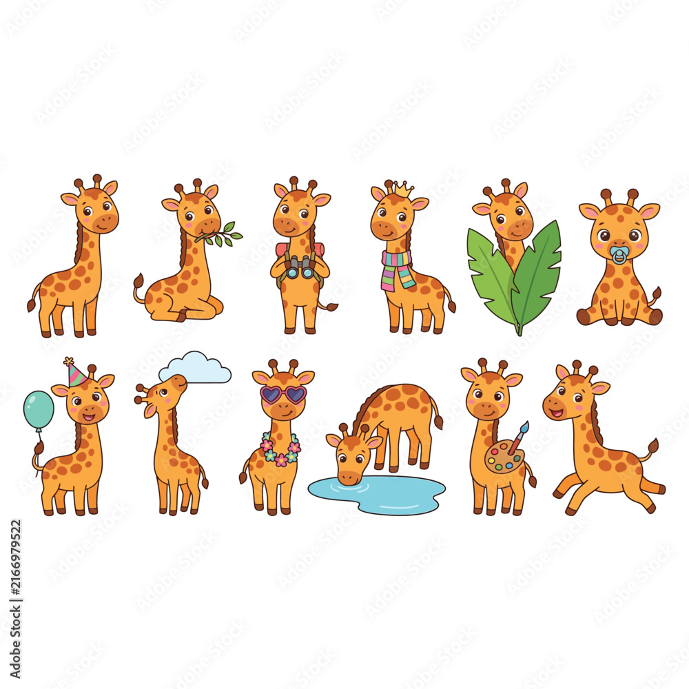 Obraz premium Cartoon Giraffes Engaged in Playful Everyday Activities.