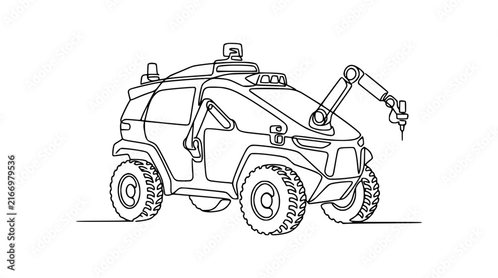 Naklejka premium Futuristic Autonomous Robot Vehicle with Robotic Arm - Single Line Art