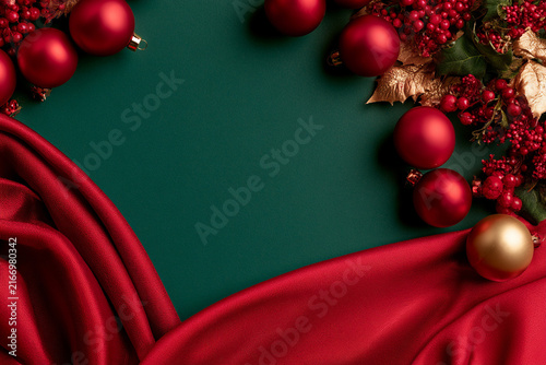 Elegant Festive Merry Christmas Decorations on Green and Red Background – Luxury Celebration Concept
