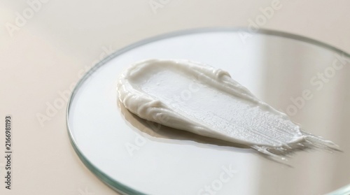 Cream texture swatch on glass surface, smooth white skincare product spread with soft sidelight, beauty and wellness background with copyspace AI-generated