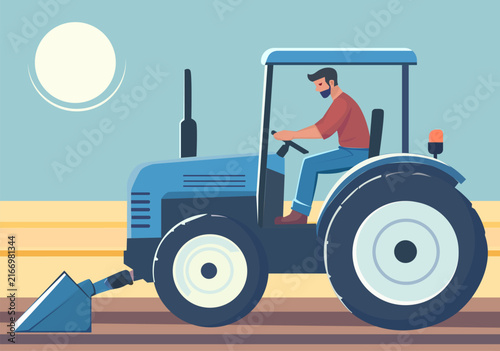 Farmer Driving Agricultural Tractor with Front Loader Illustration