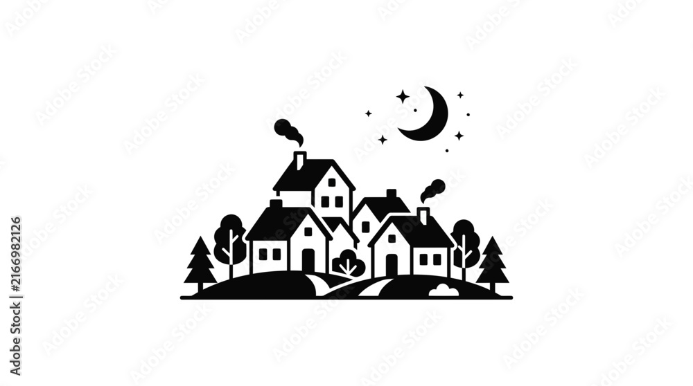 Fototapeta premium Village silhouette under a crescent moon at night.