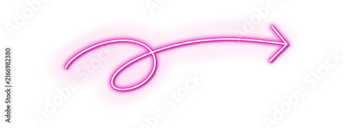 A glowing pink neon arrow sign with a swirling design isolated background