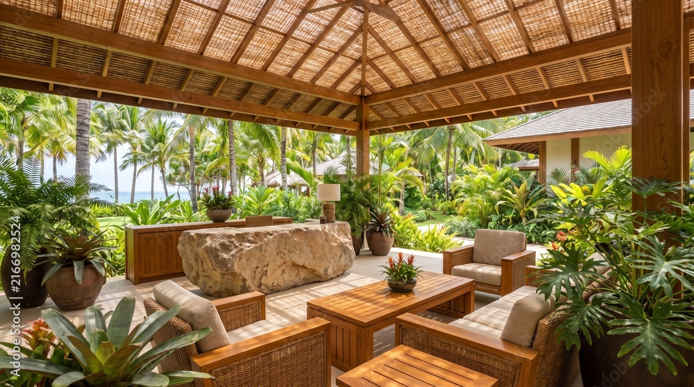 Fototapeta premium Luxury Tropical Resort Hotel Reception Lobby with Natural Interior