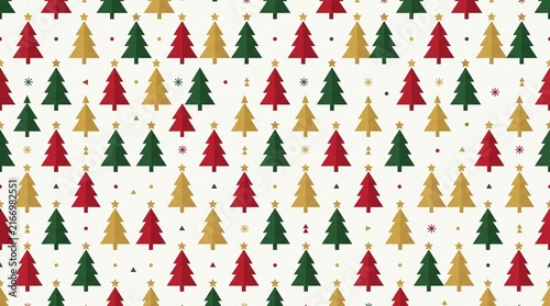 Seamless Christmas tree pattern with red green and gold geometric festive holiday shapes.