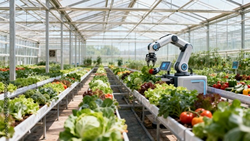Robot in greenhouse with vegetables