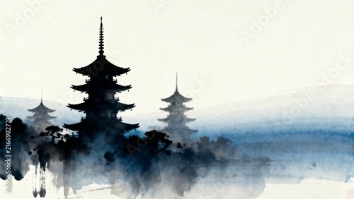 Traditional Asian pagodas in misty landscape