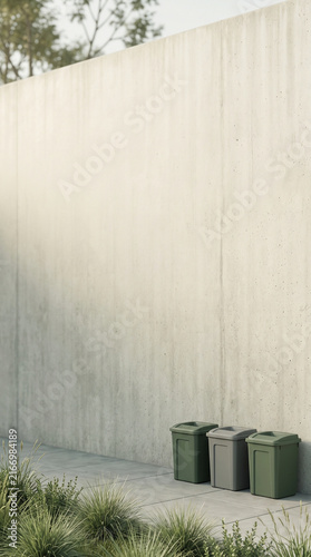 Waste Sorting Recycling Containers Outdoor Against Minimal Concrete Wall Copy Space Stock Photo
