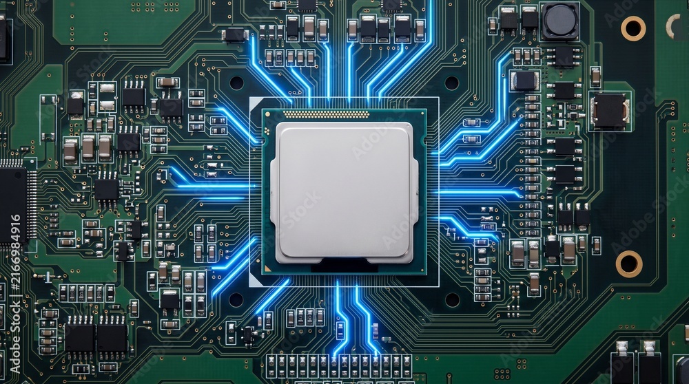 Fototapeta premium CPU processor microchip on motherboard with glowing blue digital data tracks top view