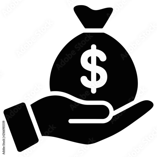 Black silhouette of a hand holding a money bag with dollar sign as a flat vector graphic icon