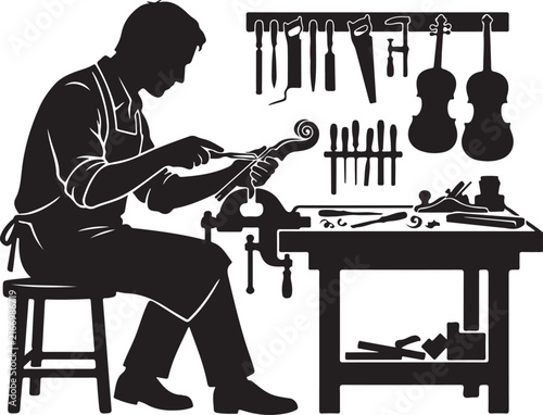 Canvastavla Luthier Repairing Violin Silhouette Vector Illustration
