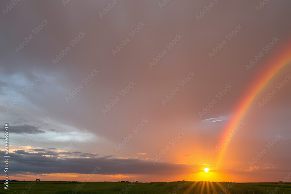 Fototapeta premium Sunset sky with a bright rainbow after a summer rain, warm golden light on green meadows