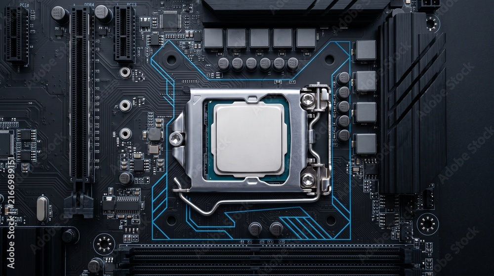 Fototapeta premium Computer processor CPU mounted on modern motherboard close up top view