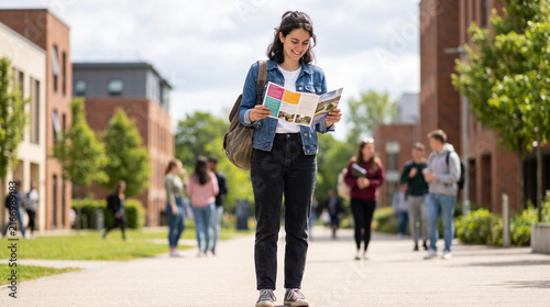 Student reading brochure about college admissions on campus walkway  