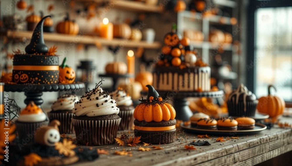 Fototapeta premium Halloween Desserts Table with Cupcakes Cakes and Pumpkin Decorations on Wooden Table