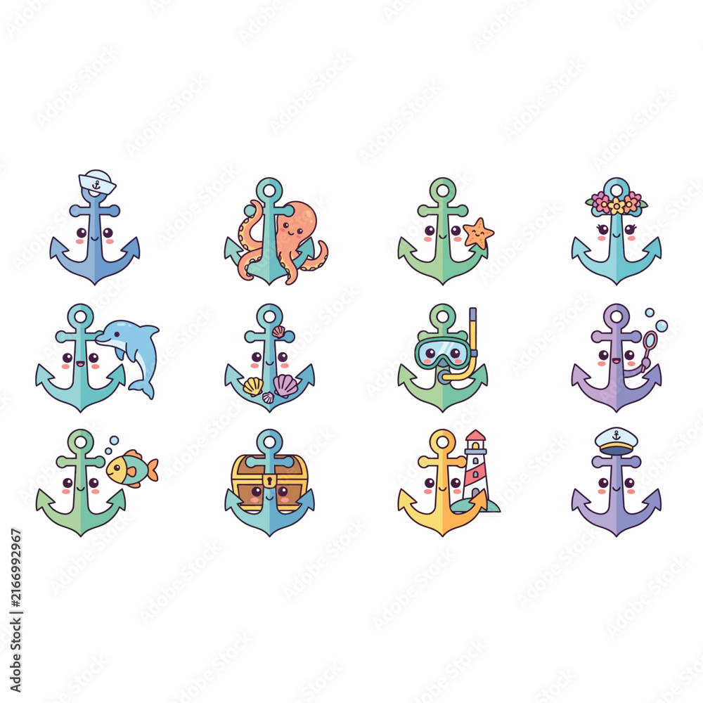 Obraz premium Colorful Illustrated Nautical Anchor Design Collection.