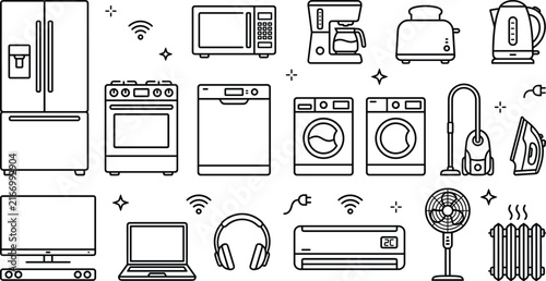 Cuadro en lienzo Home appliances and consumer electronics line icon set featuring refrigerator mi