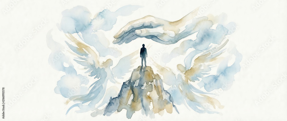 Fototapeta premium Man standing on mountain top under giant hand of God with angels. Biblical scene of divine protection and creation. Watercolor illustration of spiritual faith and guidance. Banner with copy space