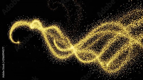 Golden Glittering Swirls of Light on Black Background.