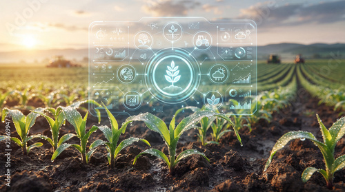 Crop seedling farm field agricultural technology digital interface plant growth smart farming young plant soil sunrise light sustainable agriculture