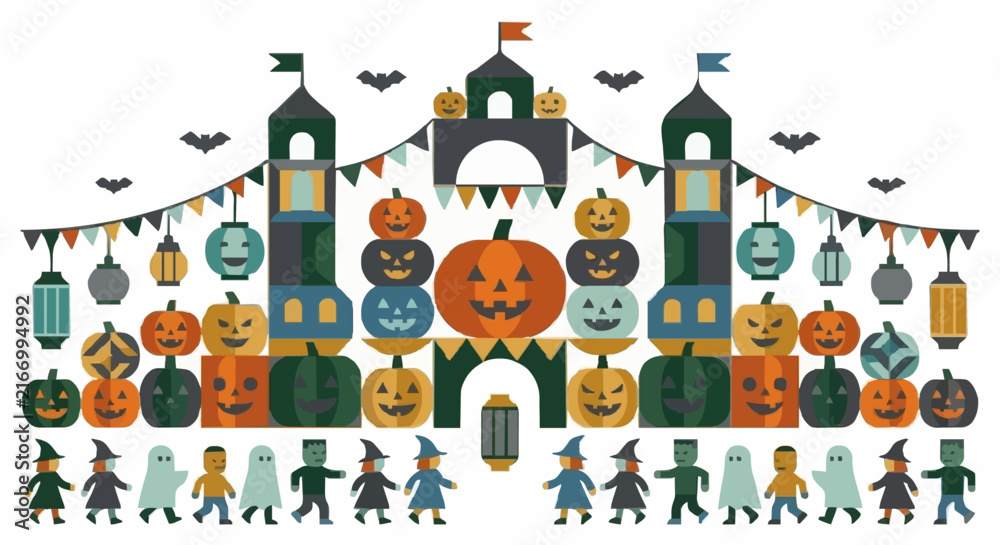 Naklejka premium Abstract geometric Halloween pumpkin festival composition with lanterns, castle towers, and costumed characters, vector illustration