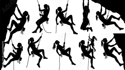 Female rock climbing wall vector silhouettes for outdoor sports