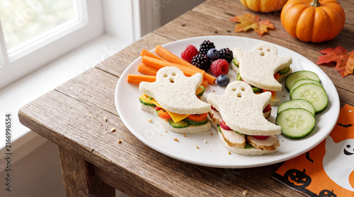 Halloween sandwich ghost sandwich white plate table setting food styling snack lunch ghost shape bread cucumber carrot berry pumpkin autumn festive holiday healthy vegetarian kid friendly party