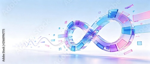 Glossy transparent glass infinity symbol made of colorful blue pink and purple crystal blocks represents endless development and infinite tech concept