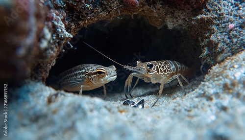 Pistol Shrimp and Goby Fish Living Together in Coral Reef Burrow, Marine Symbiosis