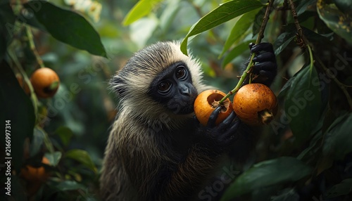 Capuchin Monkey Feeding on Wild Fruit and Dispersing Seeds in Tropical Forest