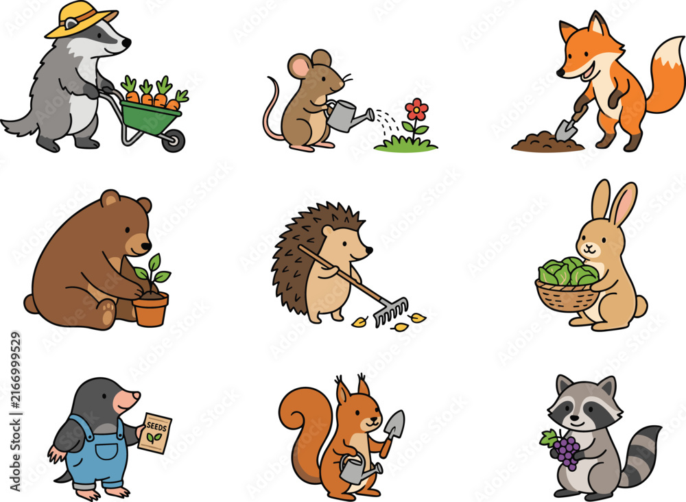 Obraz premium Cute Gardening Woodland Animals Vector Element Set with Cartoon Bear, Fox, Raccoon, Hedgehog, Squirrel, and Rabbit Working in Spring Garden Isolated on White Background