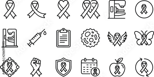 Cancer awareness ribbon and medical oncology healthcare line icon set featuring breast mammography screening test diagnosis support symbols