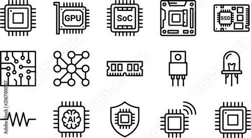 Computer processor hardware and microchip line icon set featuring GPU motherboard RAM memory semiconductor technology