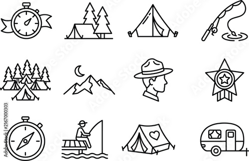 Camping and outdoor adventure line icon set featuring tents mountains fishing compass vector elements