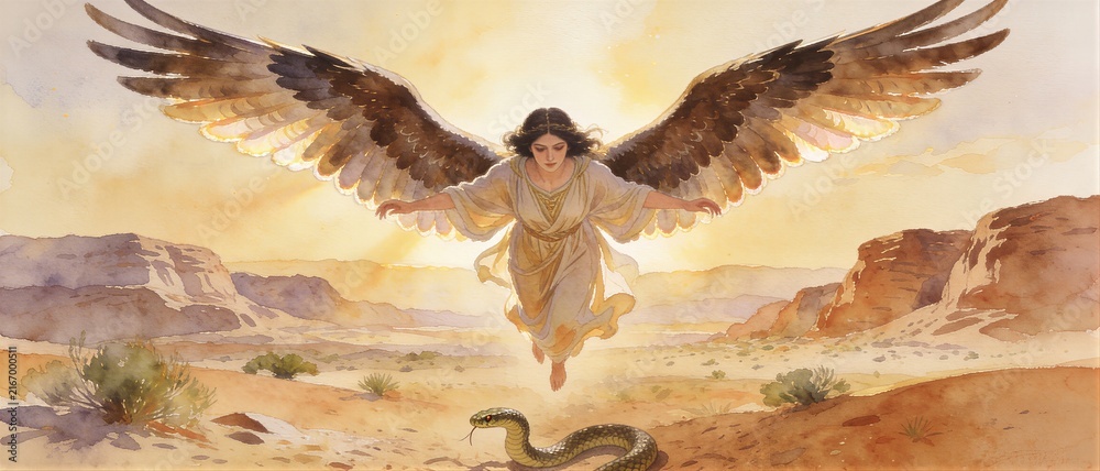Fototapeta premium Woman angel with large wings descending from heaven into desert to face serpent. Biblical scene representing spiritual battle between divine light and evil. Banner with copy space