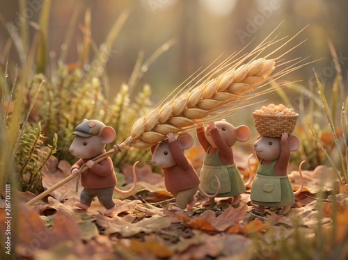 Cute mice characters carrying giant wheat basket autumn leaves macro