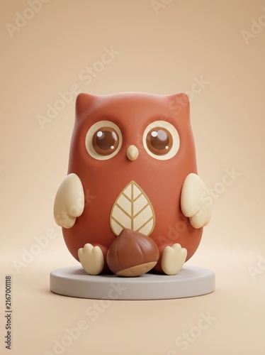Cute 3D matte brown owl character chestnut leaf belly pastel stand