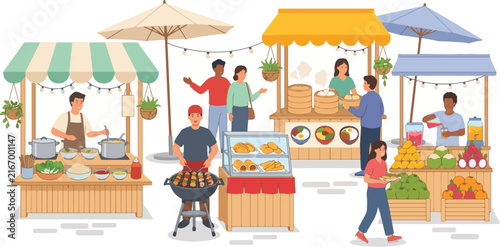 Bazaar street market scene with vendors selling food and fresh fruit at stalls