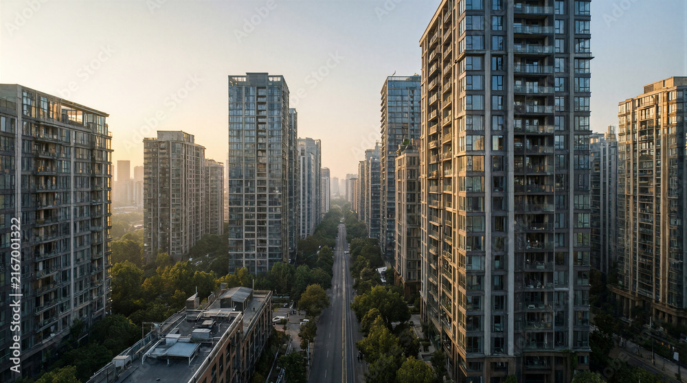 Fototapeta premium Modern residential district towers illuminated by soft dawn light with a wide street below