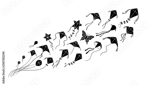 Foto Kite Festival Flying Black Silhouette Vector Collection, Decorative Kites with S