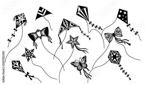 Bild auf Leinwand Group of Flying Kites Black White Vector Illustration, Kite Festival Poster Desi