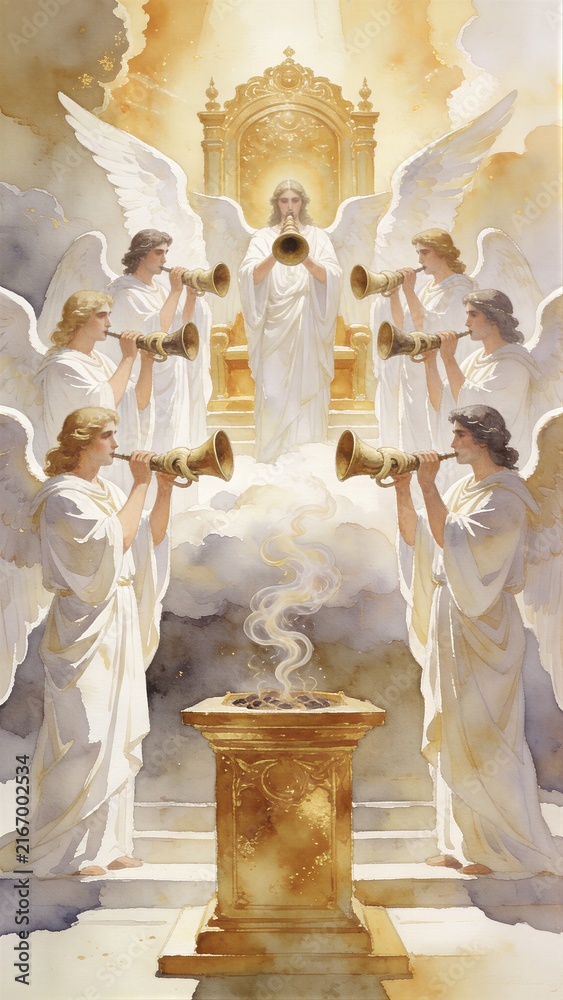 Fototapeta premium Seven angels blowing golden trumpets before the throne of God in heaven. Biblical scene of the final judgment and apocalypse. Religious illustration of spiritual divine glory.