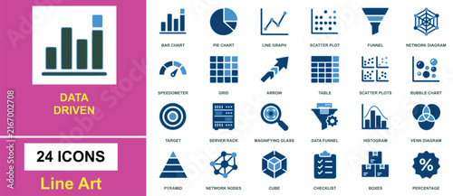 Set of 24 data driven and statistical analysis in blue line style, featuring various charts, diagrams, and information processing tools