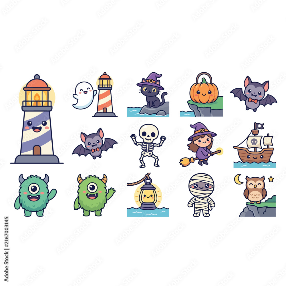 Fototapeta premium Halloween Themed Cartoon Characters Illustration Set.