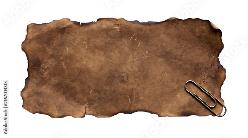 Dark Vintage Torn Paper Texture with Paper Clip Isolated for Antique Scrapbook Design