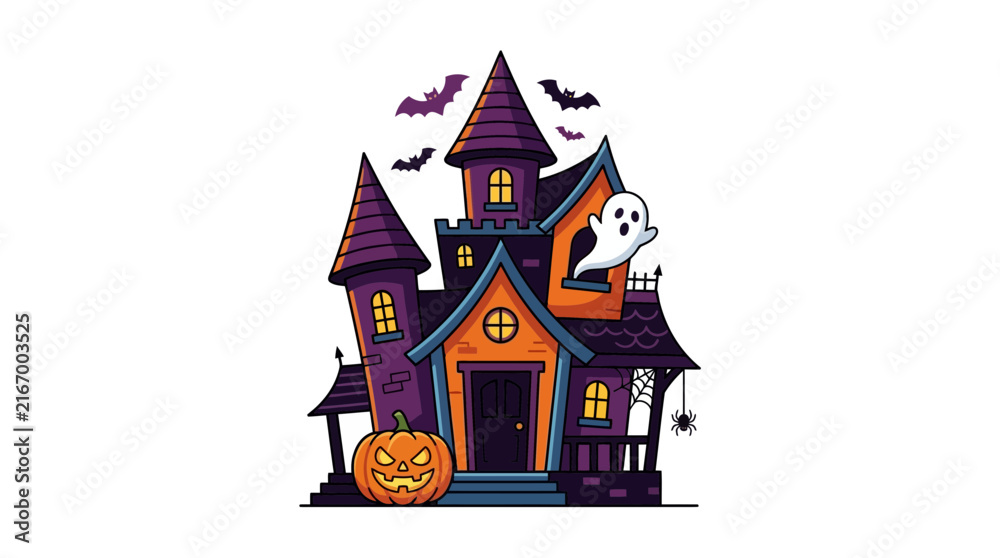 Naklejka premium Spooky Haunted House with Ghost and Bats