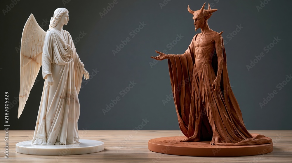 Naklejka premium A sculpted angel and a demonic figure stand facing each other.