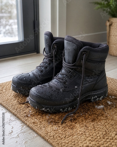 Pair of black winter boots with melting snow on a doormat at the entrance of a home, concept of cold weather, warm footwear and coming home from the winter cold.