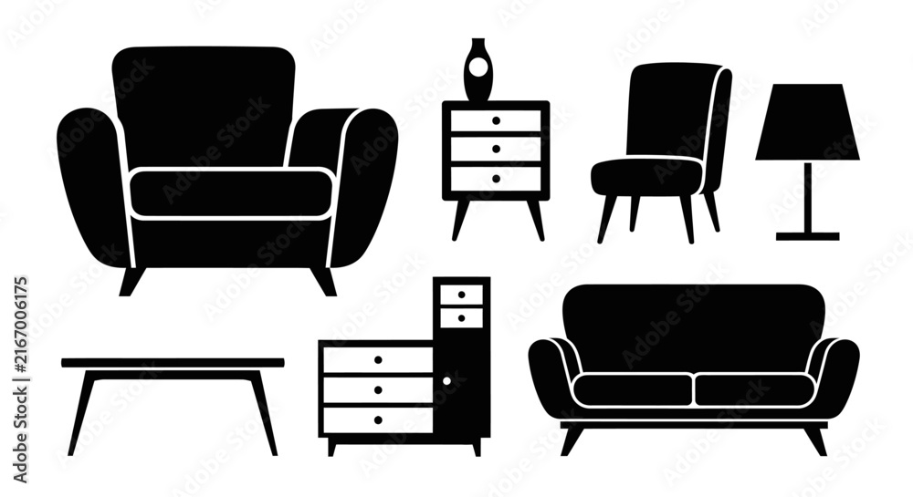 Fototapeta premium Modern living room furniture set in black silhouette with silhouette including sofa armchair coffee table white background interior cabinet with design