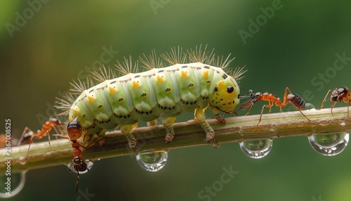 Lycaenid Caterpillar Interacting With Ants in Wild Plant Ecosystem, Insect Mutualism